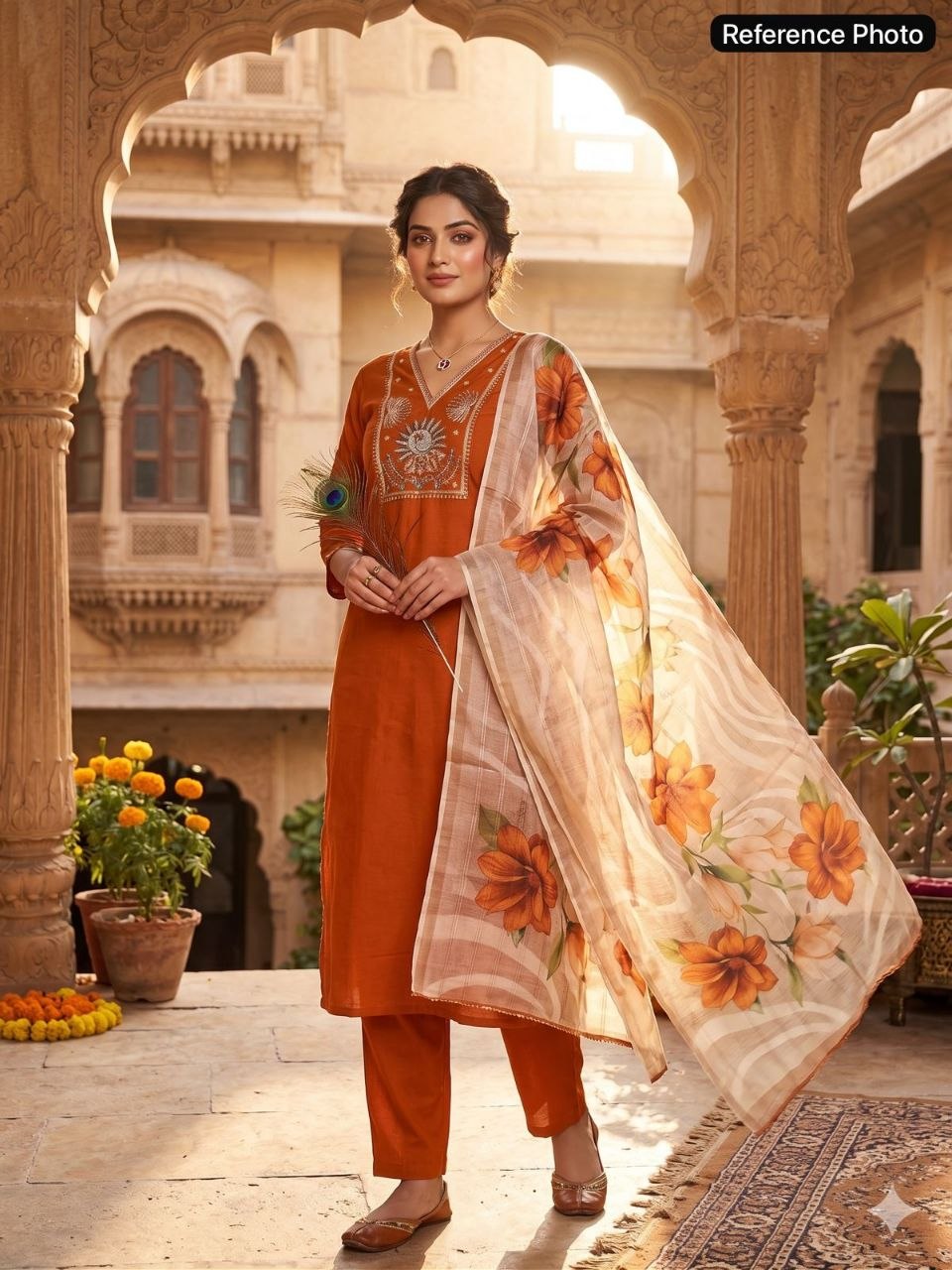 Rust Terracotta Embroidered Kurta Set with Floral Organza Dupatta