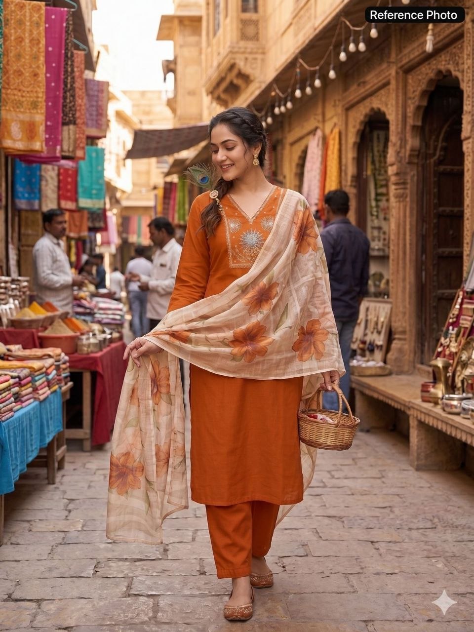 Rust Terracotta Embroidered Kurta Set with Floral Organza Dupatta