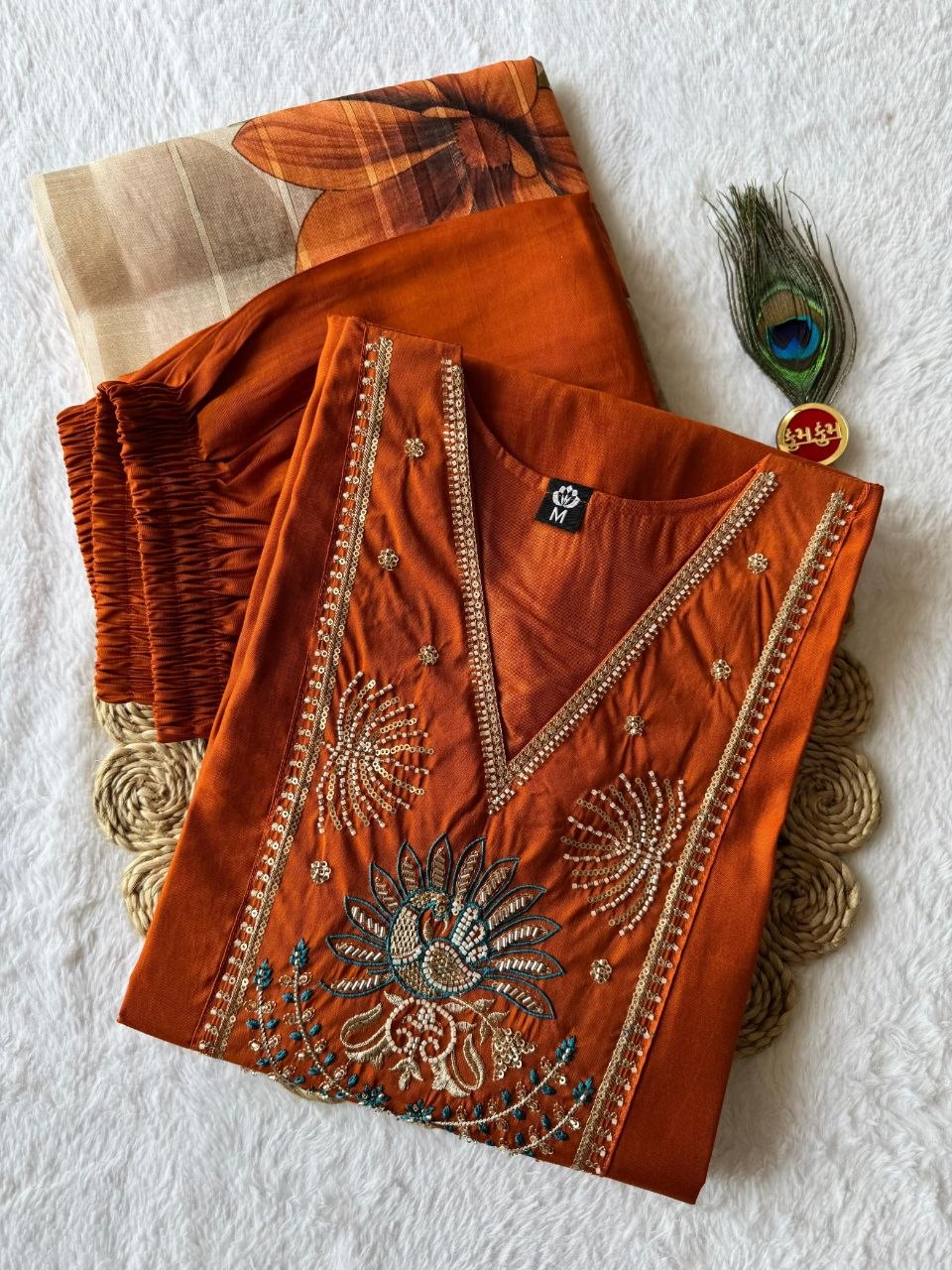 Rust Terracotta Embroidered Kurta Set with Floral Organza Dupatta