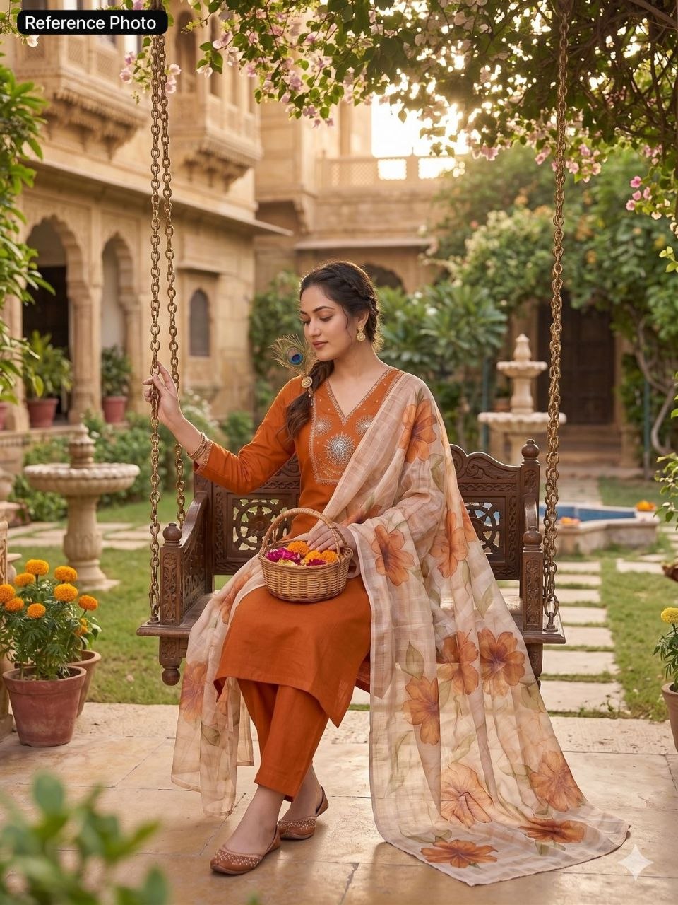 Rust Terracotta Embroidered Kurta Set with Floral Organza Dupatta