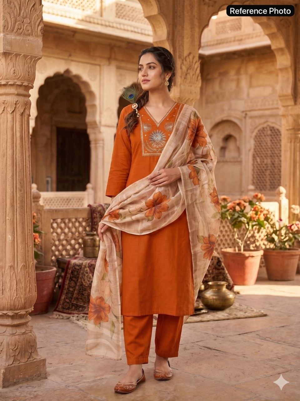 Rust Terracotta Embroidered Kurta Set with Floral Organza Dupatta