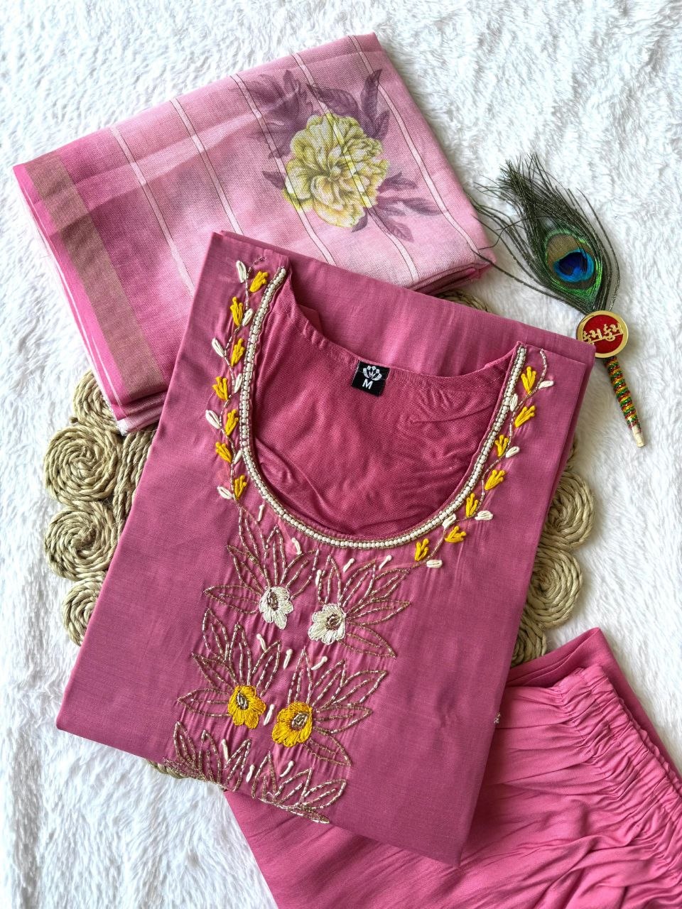 Blossom Muse Candy Pink Embroidered Kurta Set with Tissue Dupatta
