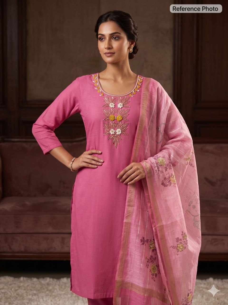 Blossom Muse Candy Pink Embroidered Kurta Set with Tissue Dupatta