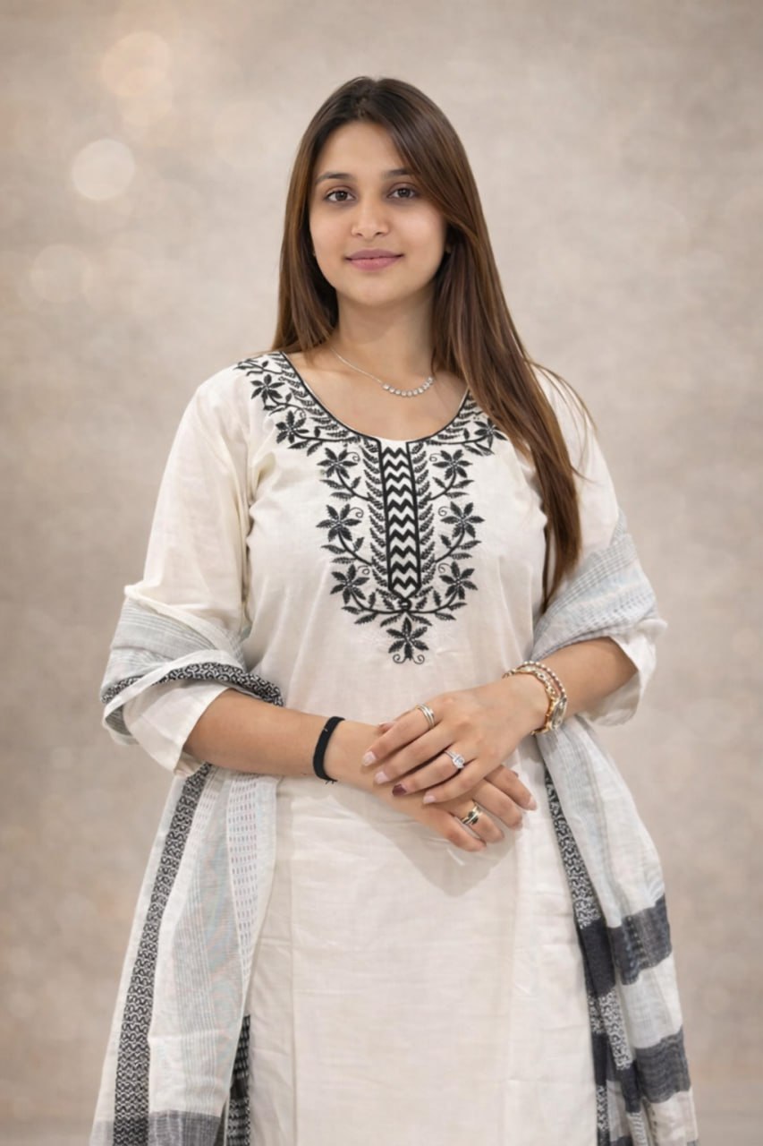 Off-White Khadi Cotton Kurta Set with Black Floral Embroidery & Striped Tasseled Dupatta