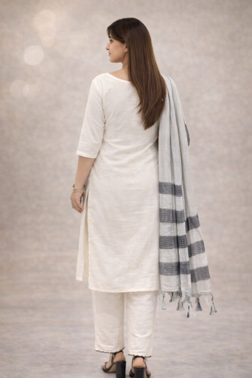 Off-White Khadi Cotton Kurta Set with Black Floral Embroidery & Striped Tasseled Dupatta