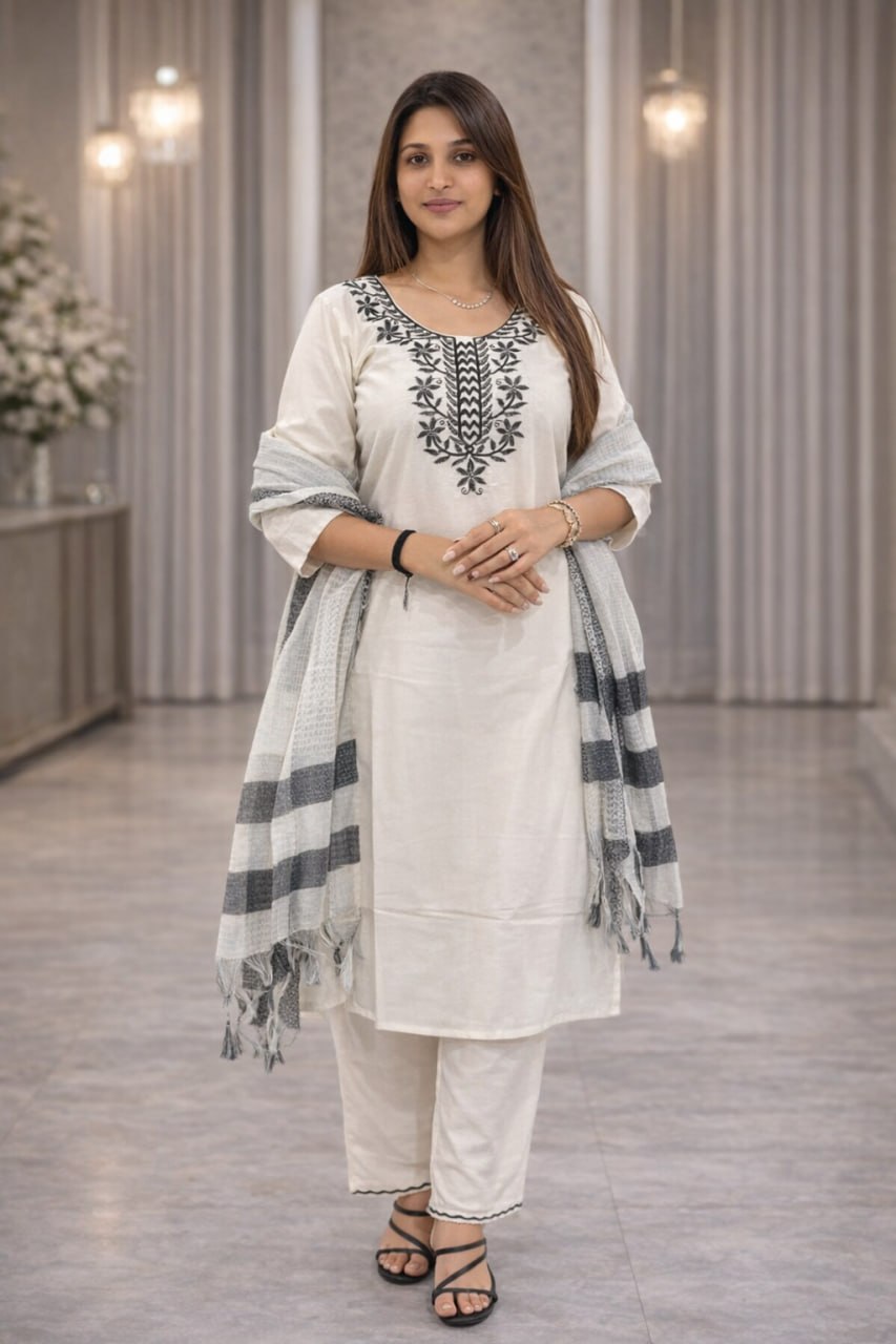 Off-White Khadi Cotton Kurta Set with Black Floral Embroidery & Striped Tasseled Dupatta