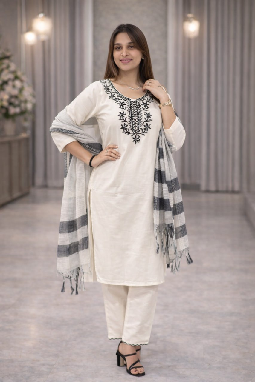 Off-White Khadi Cotton Kurta Set with Black Floral Embroidery & Striped Tasseled Dupatta
