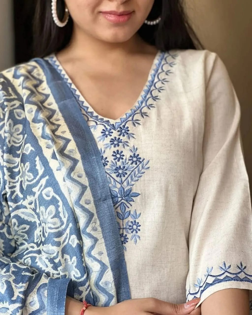 Off-White Khadi Cotton Kurta Set with Black Floral Embroidery & Striped Tasseled Dupatta