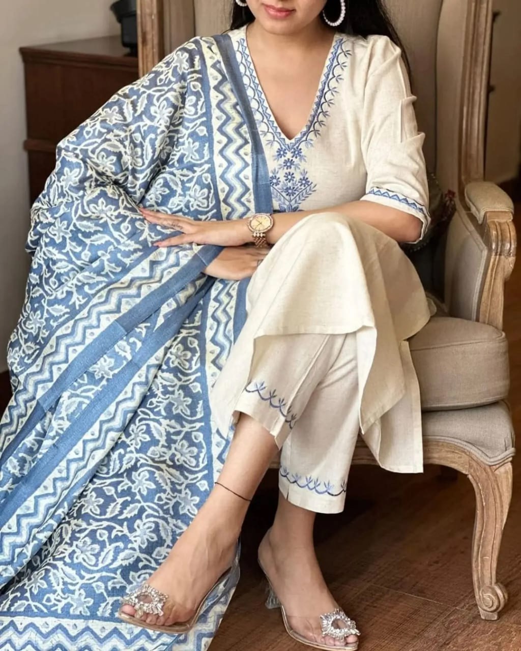 Off-White Khadi Cotton Kurta Set with Black Floral Embroidery & Striped Tasseled Dupatta