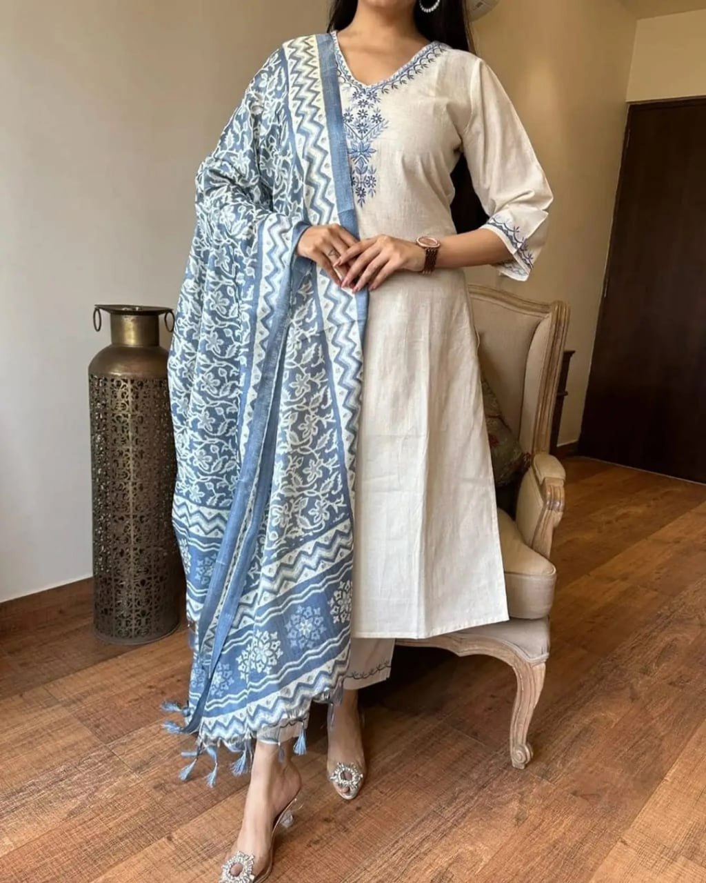 Off-White Khadi Cotton Kurta Set with Black Floral Embroidery & Striped Tasseled Dupatta