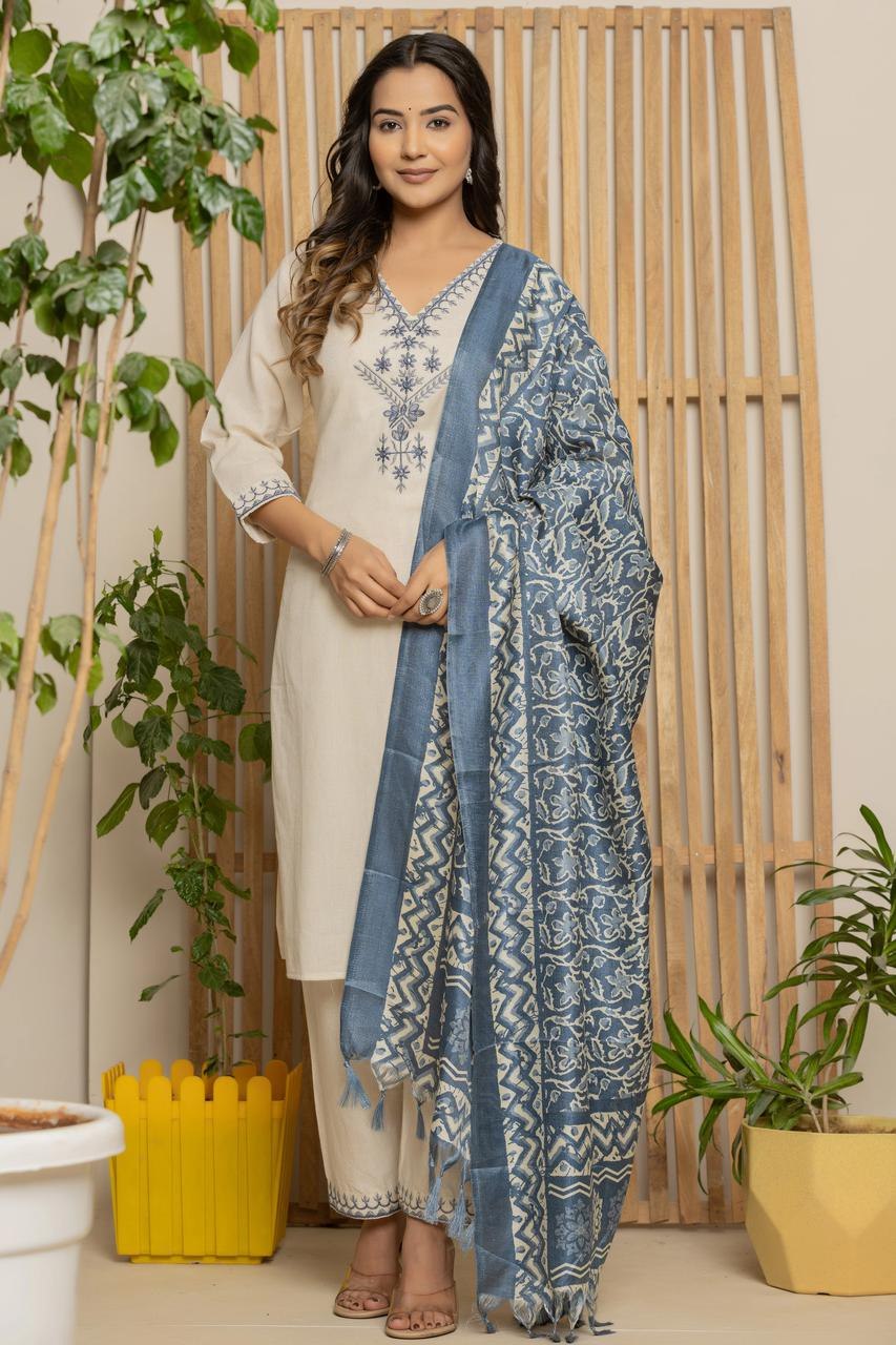 Handcrafted Ivory Khadi Cotton Kurta Set with Steel Blue Embroidery