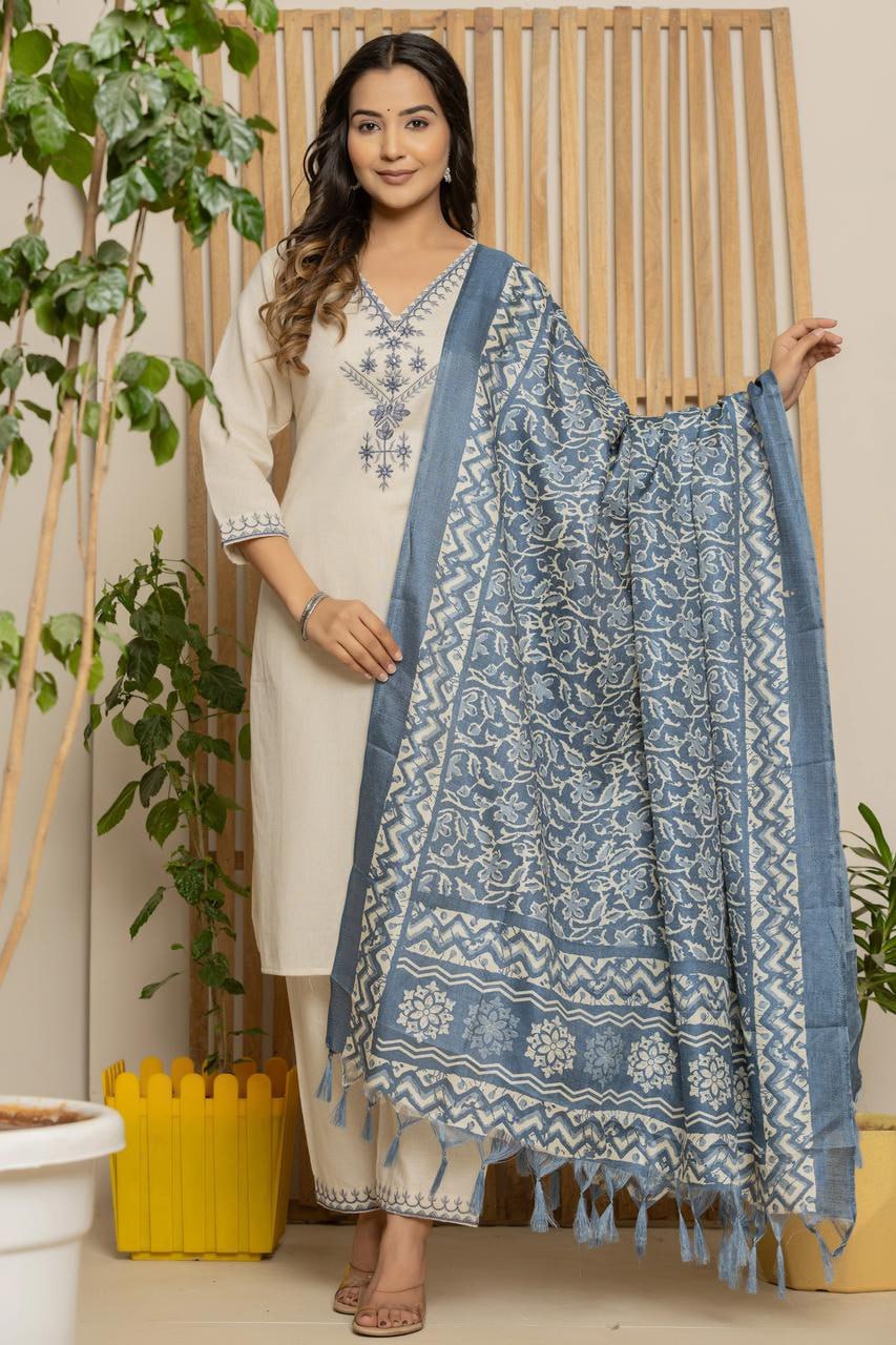 Handcrafted Ivory Khadi Cotton Kurta Set with Steel Blue Embroidery