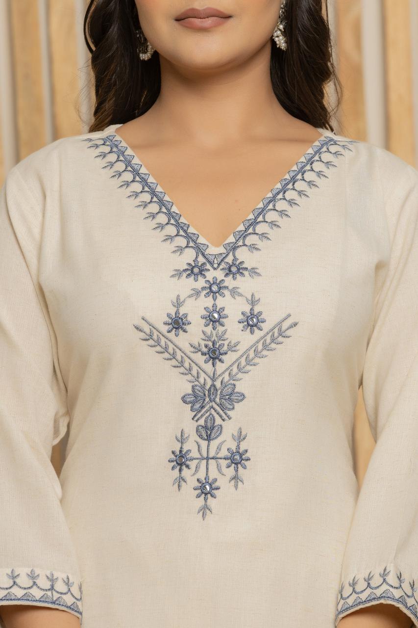 Handcrafted Ivory Khadi Cotton Kurta Set with Steel Blue Embroidery
