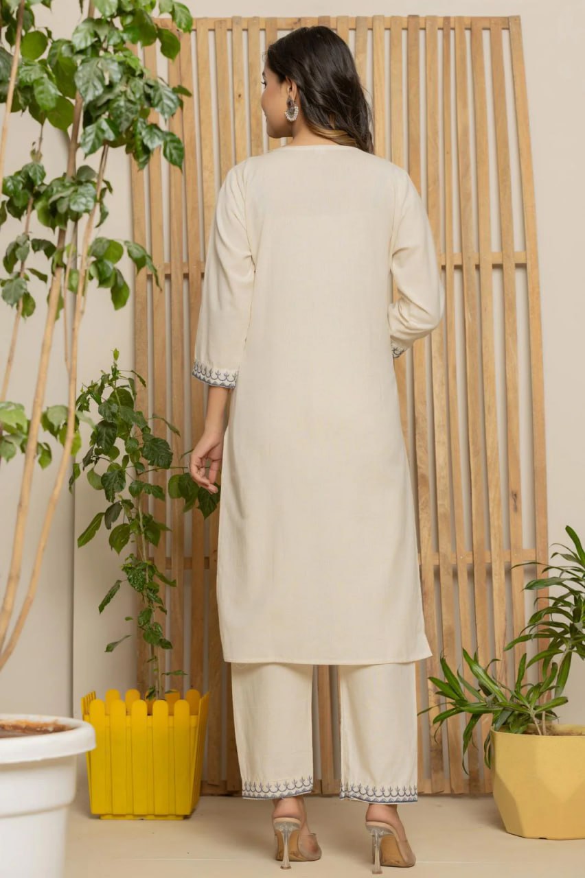 Handcrafted Ivory Khadi Cotton Kurta Set with Steel Blue Embroidery