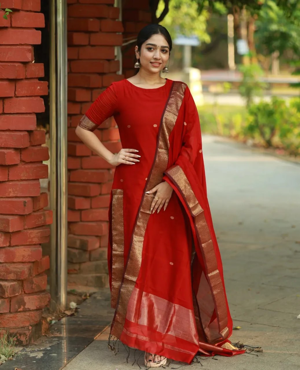 Easy-Care Poly Cotton Kurta Set with Designer Embroidery & Coordinating Trousers