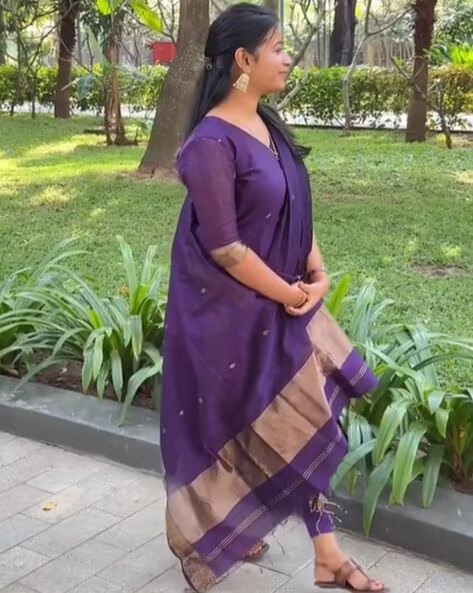 Royal Purple Poly Cotton Ethnic Suit with Traditional Woven Zari Borders