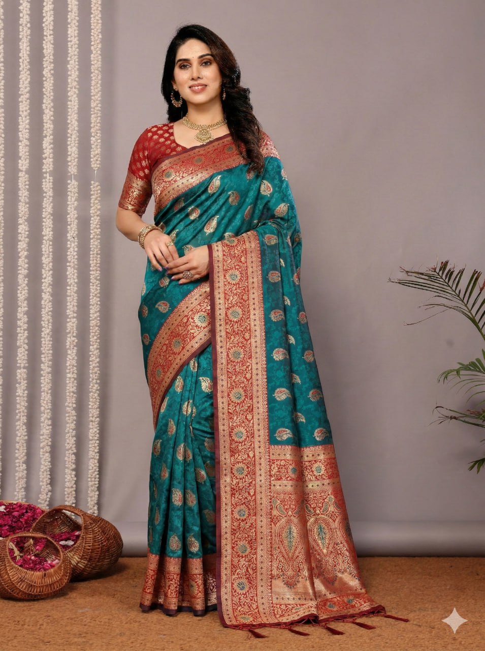 Peacock Blue Art Silk Saree with Rich Red Brocade Border