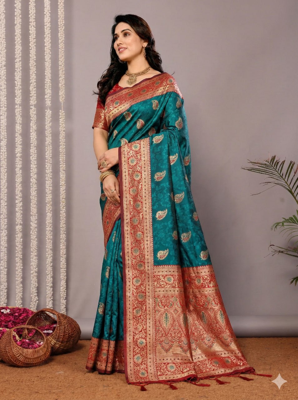 Peacock Blue Art Silk Saree with Rich Red Brocade Border