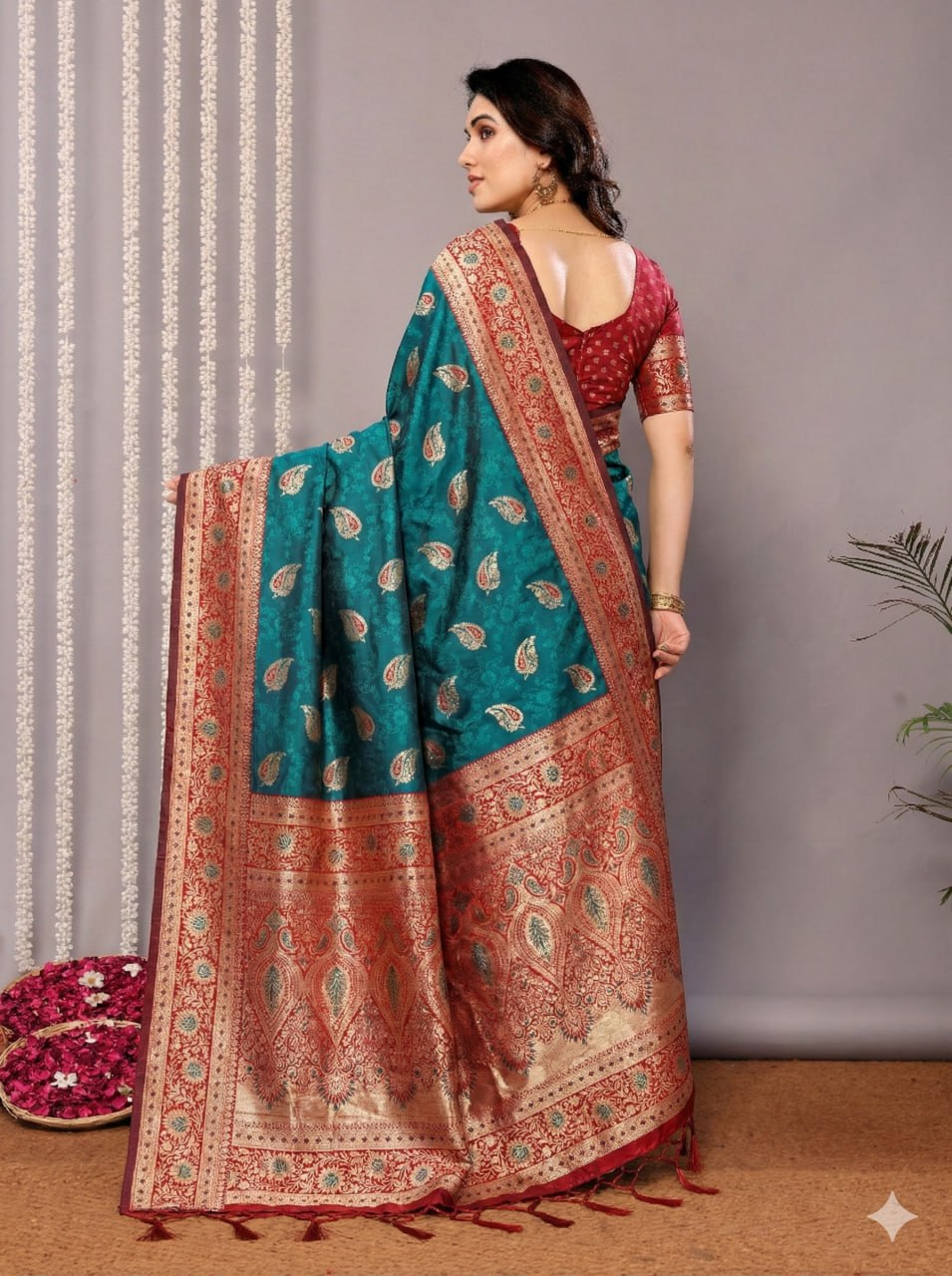 Peacock Blue Art Silk Saree with Rich Red Brocade Border