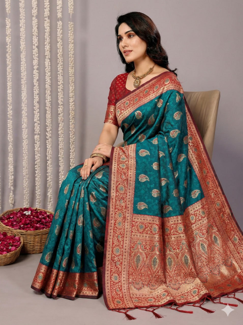 Peacock Blue Art Silk Saree with Rich Red Brocade Border