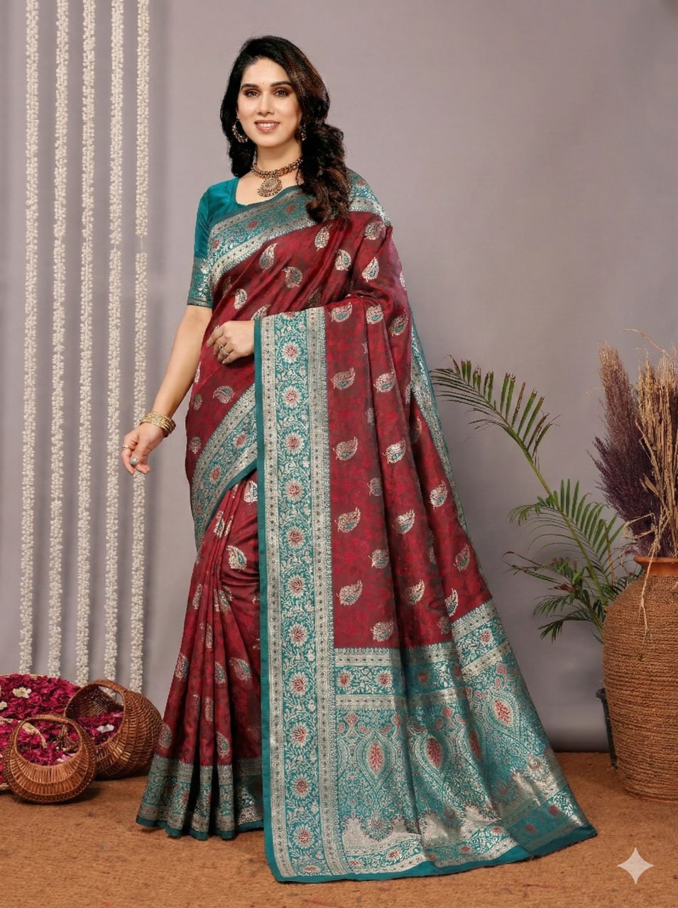 Maroon & Seafoam Teal Banarasi Silk Saree with Silver Zari Motifs