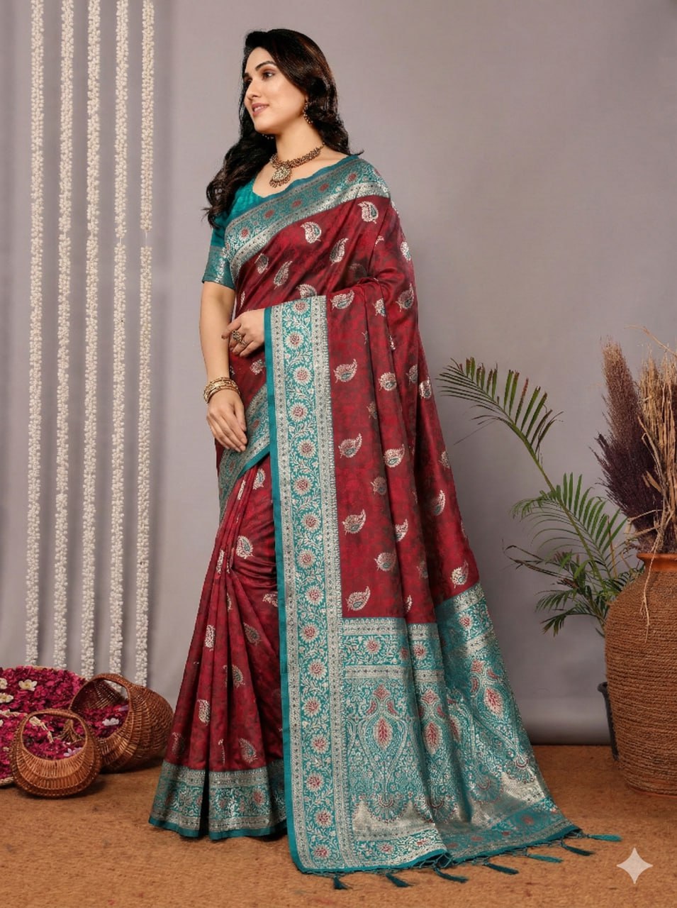 Maroon & Seafoam Teal Banarasi Silk Saree with Silver Zari Motifs