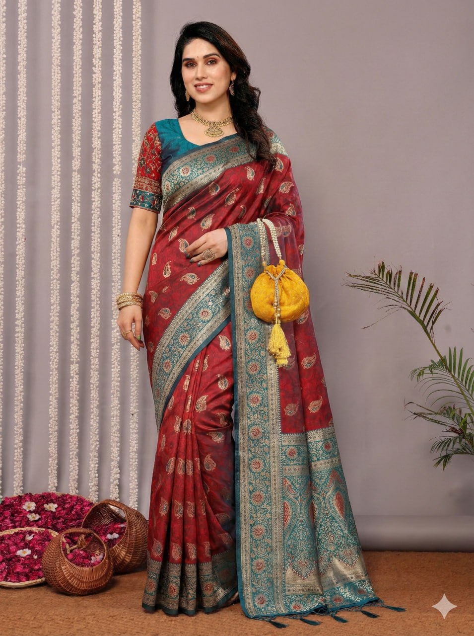Maroon & Seafoam Teal Banarasi Silk Saree with Silver Zari Motifs