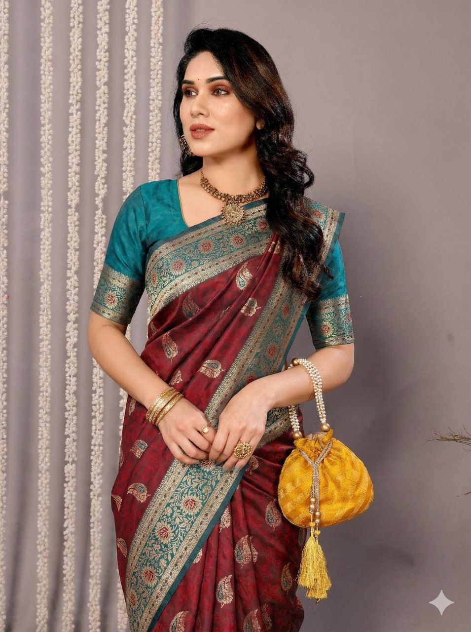 Maroon & Seafoam Teal Banarasi Silk Saree with Silver Zari Motifs