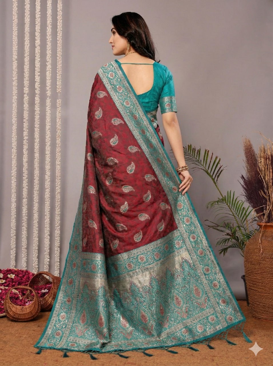 Maroon & Seafoam Teal Banarasi Silk Saree with Silver Zari Motifs