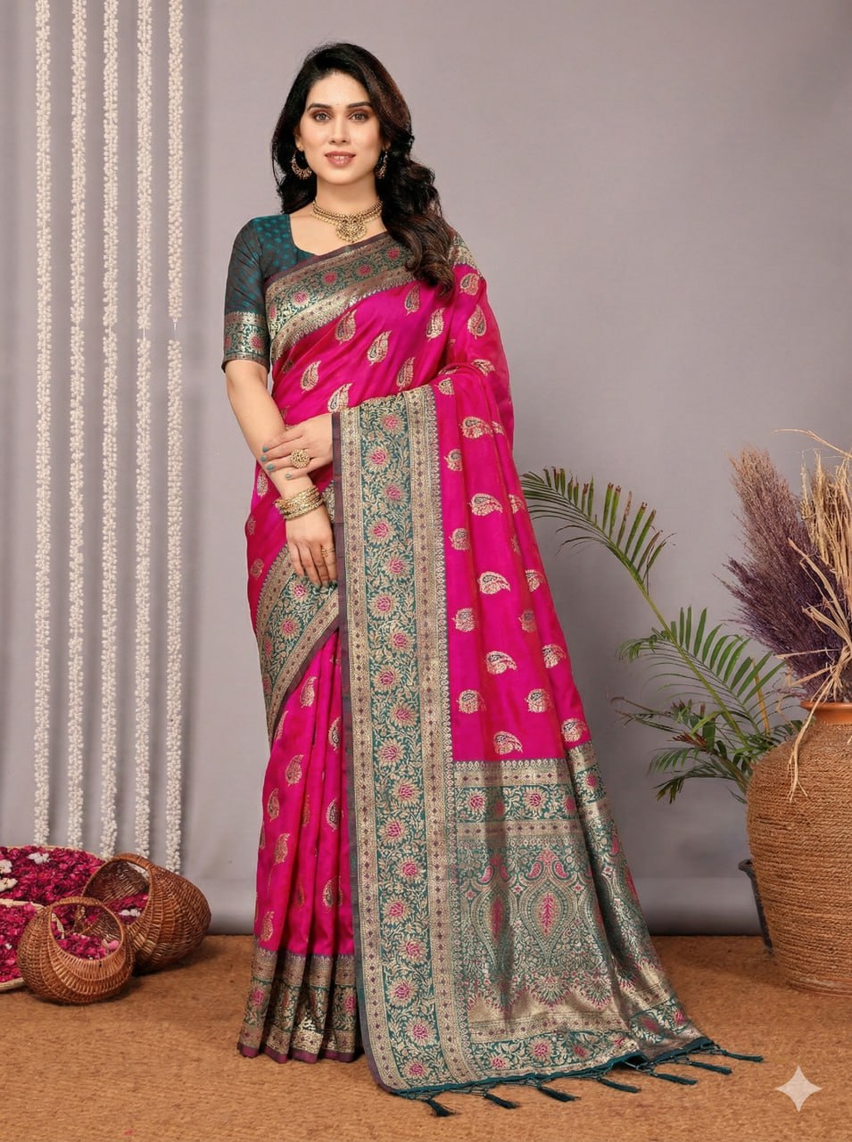 Rani Pink & Navy Blue Silk Saree with Traditional Gold Zari Paisley