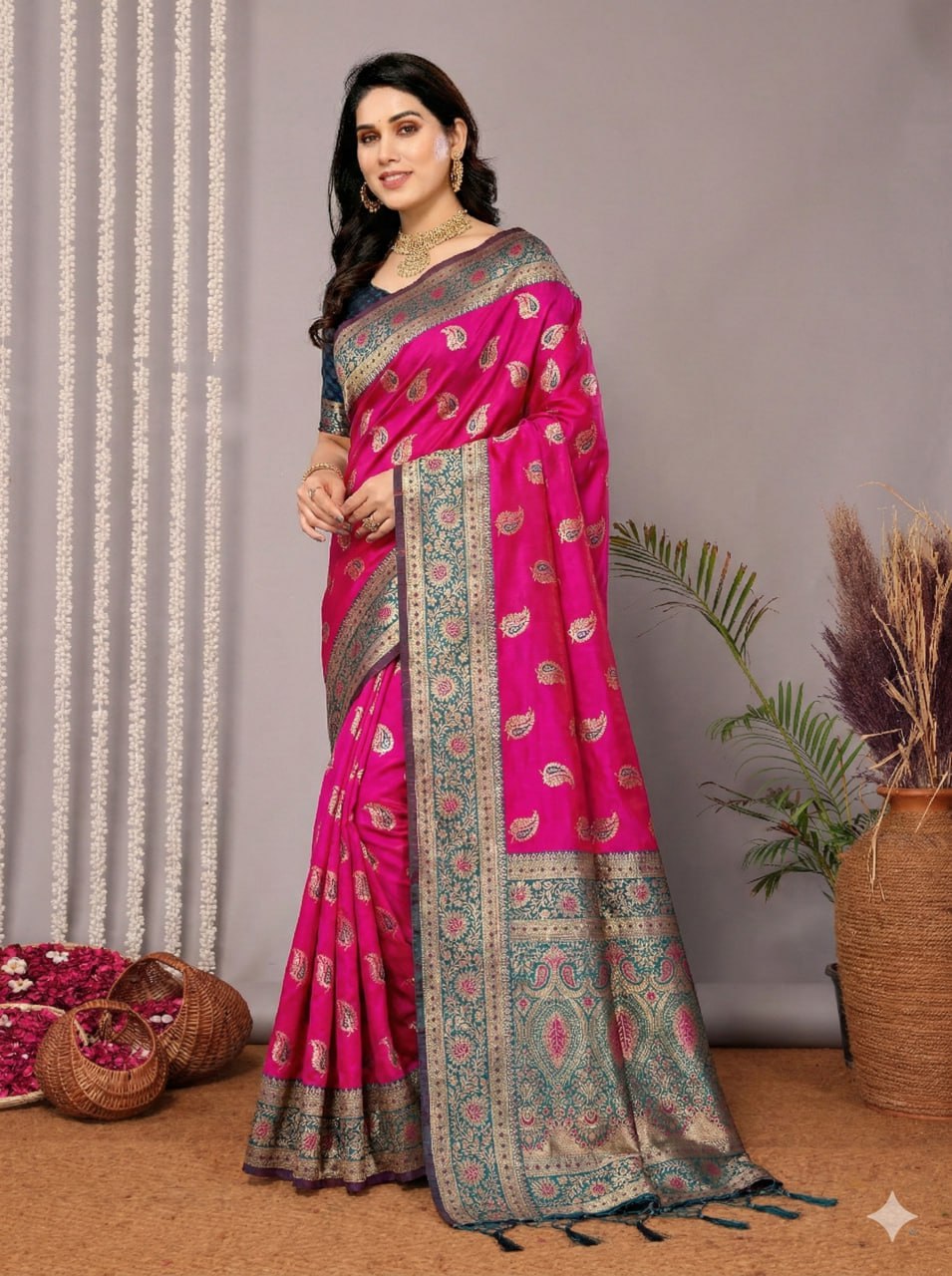 Rani Pink & Navy Blue Silk Saree with Traditional Gold Zari Paisley