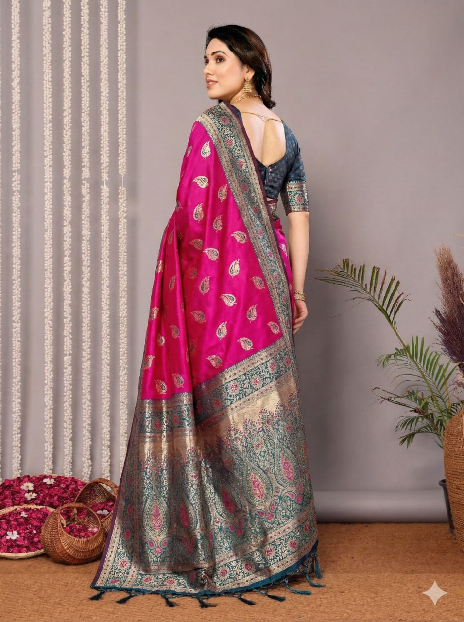 Rani Pink & Navy Blue Silk Saree with Traditional Gold Zari Paisley