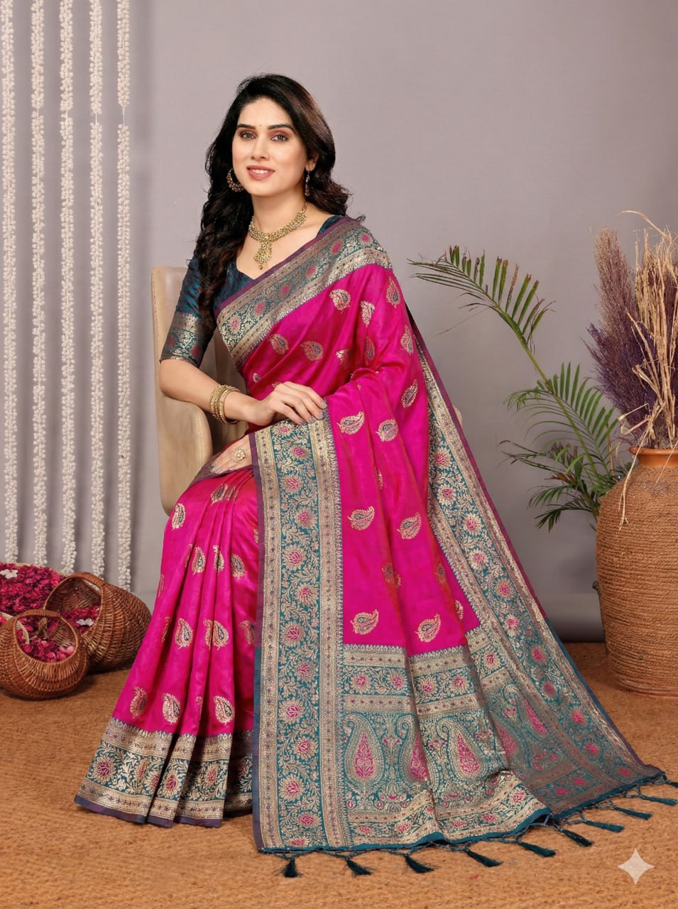 Rani Pink & Navy Blue Silk Saree with Traditional Gold Zari Paisley