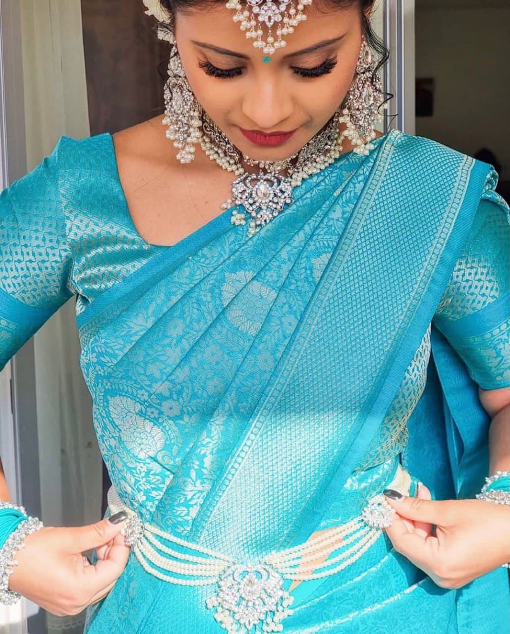 Turquoise Banarasi Silk Saree with Intricate Silver Zari Jaal