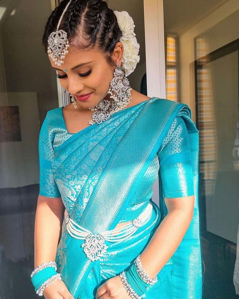 Turquoise Banarasi Silk Saree with Intricate Silver Zari Jaal