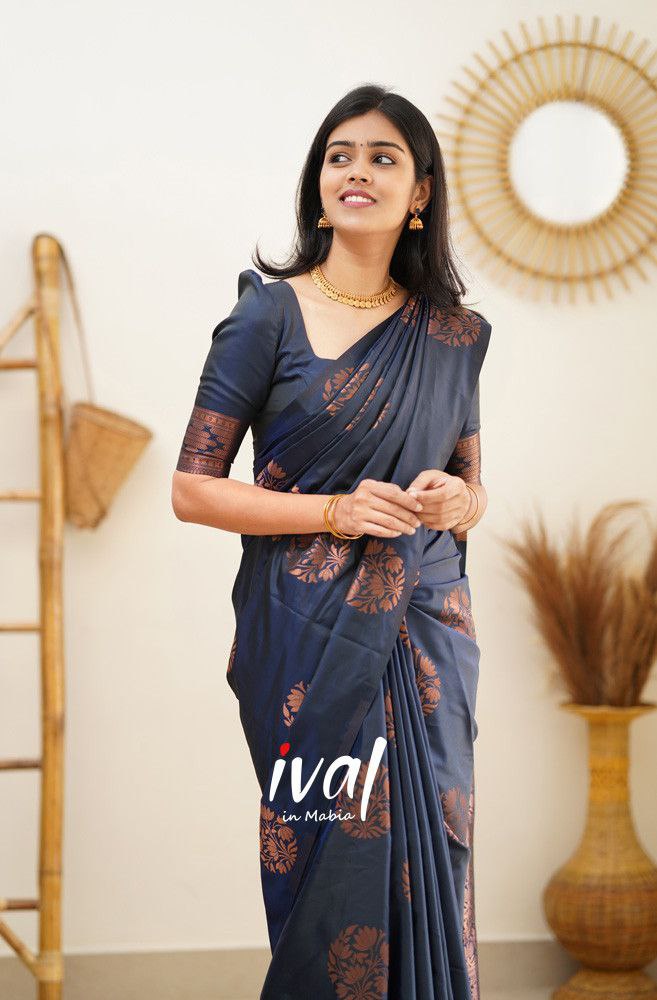 Midnight Elegance Classic Navy Blue Banarasi Silk Saree