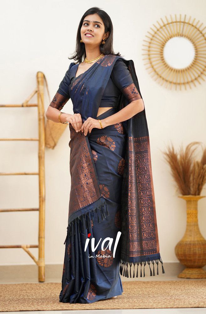 Midnight Elegance Classic Navy Blue Banarasi Silk Saree