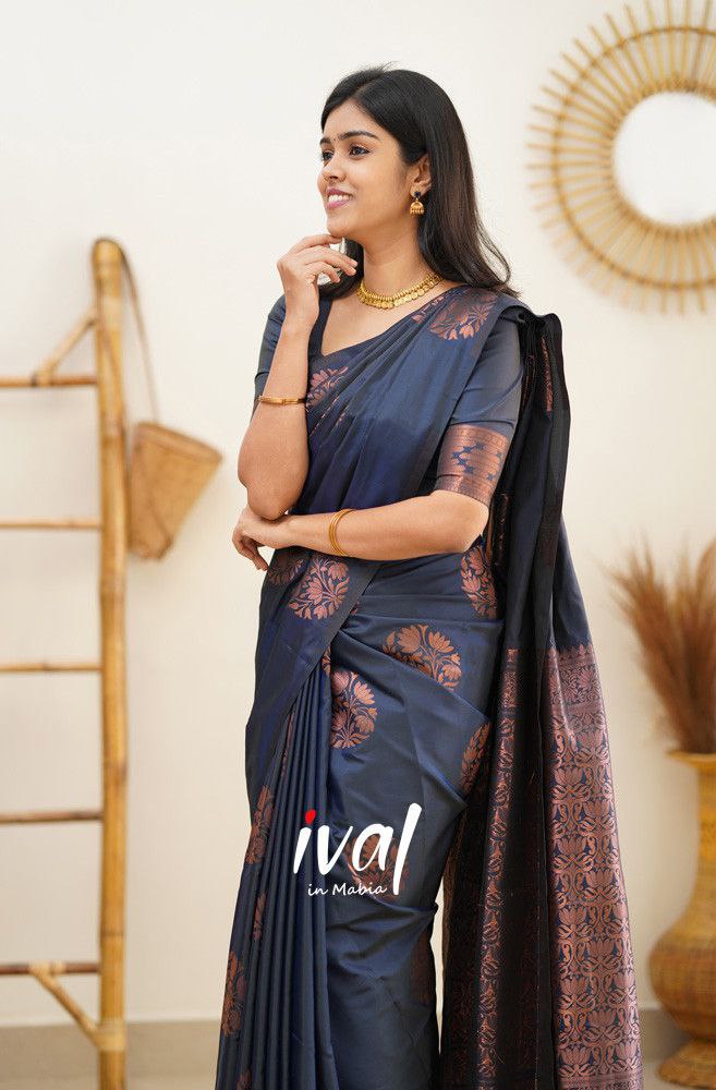 Midnight Elegance Classic Navy Blue Banarasi Silk Saree