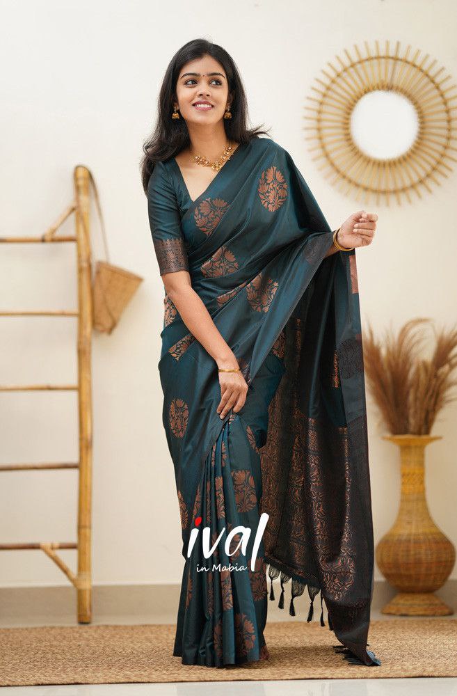 Midnight Teal Banarasi Silk Saree with Copper Floral Motifs