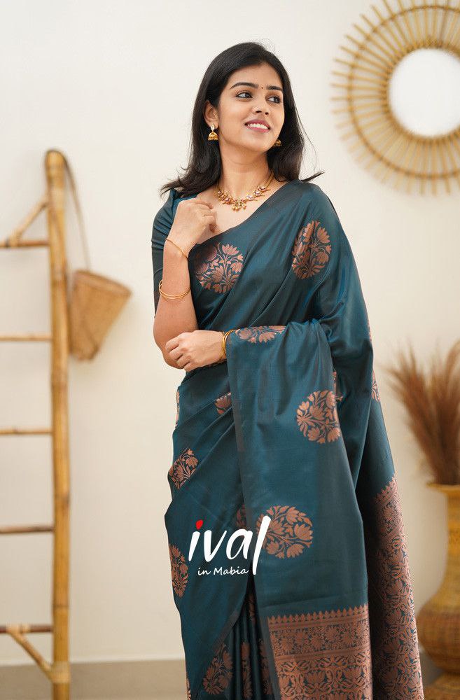 Midnight Teal Banarasi Silk Saree with Copper Floral Motifs