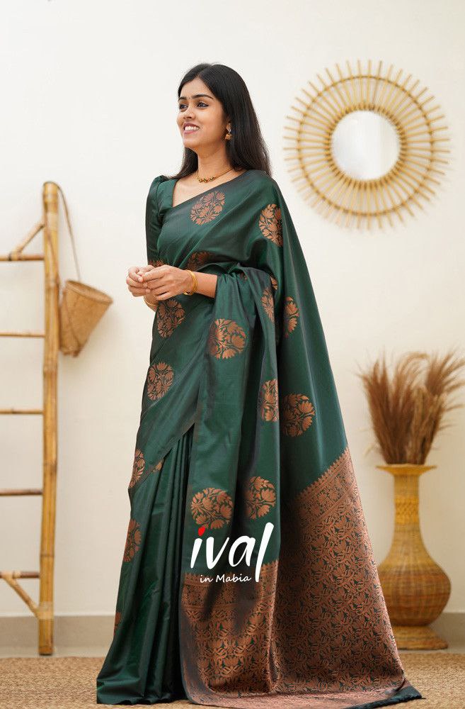 Deep Emerald Floral Banarasi Silk Saree with Copper Zari