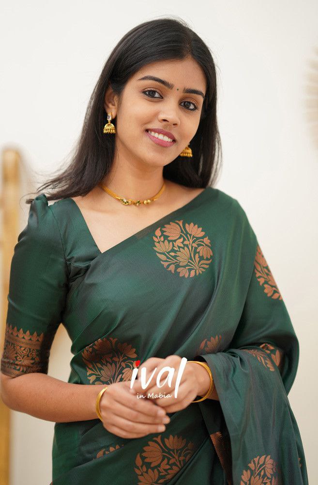 Deep Emerald Floral Banarasi Silk Saree with Copper Zari