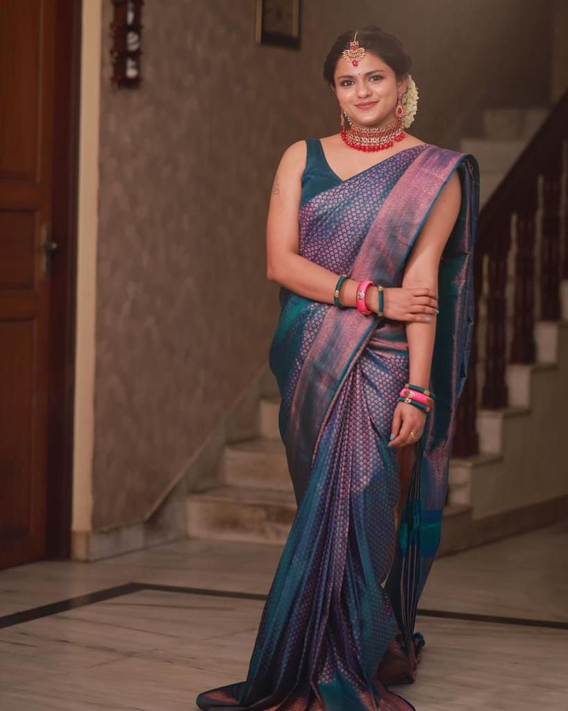 Deep Teal Banarasi Silk Saree with Rose-Gold Zari Brocade
