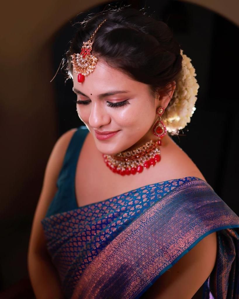 Deep Teal Banarasi Silk Saree with Rose-Gold Zari Brocade