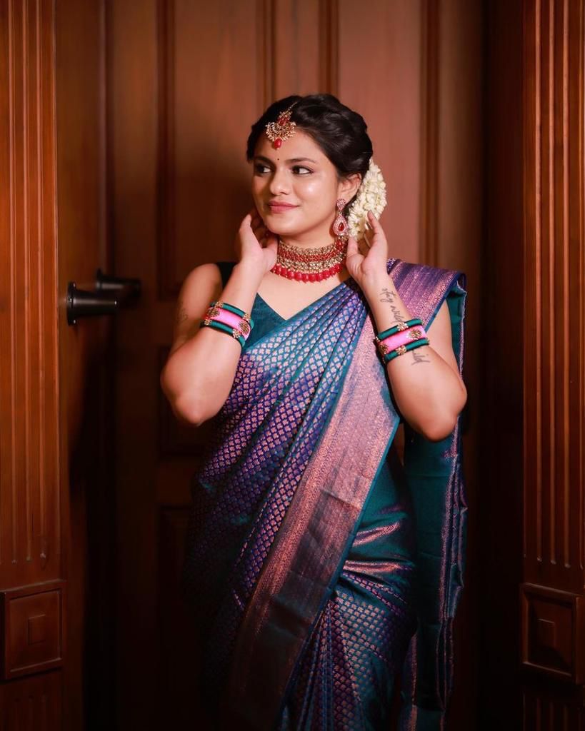 Deep Teal Banarasi Silk Saree with Rose-Gold Zari Brocade