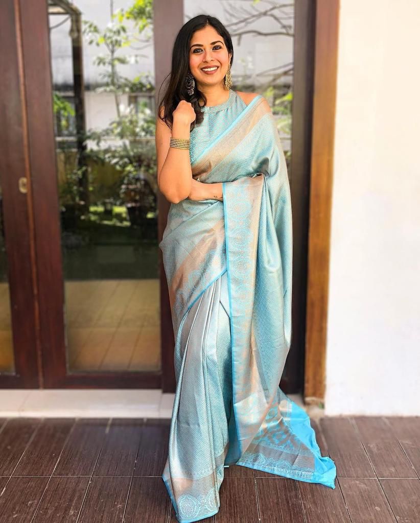 Ethereal Ice Blue Banarasi Silk Saree with Intricate Silver Zari