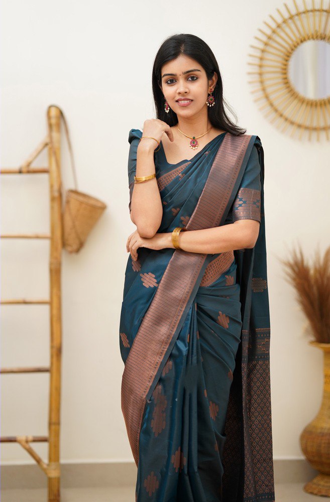 Timeless Teal Banarasi Silk Saree with Copper Zari Border