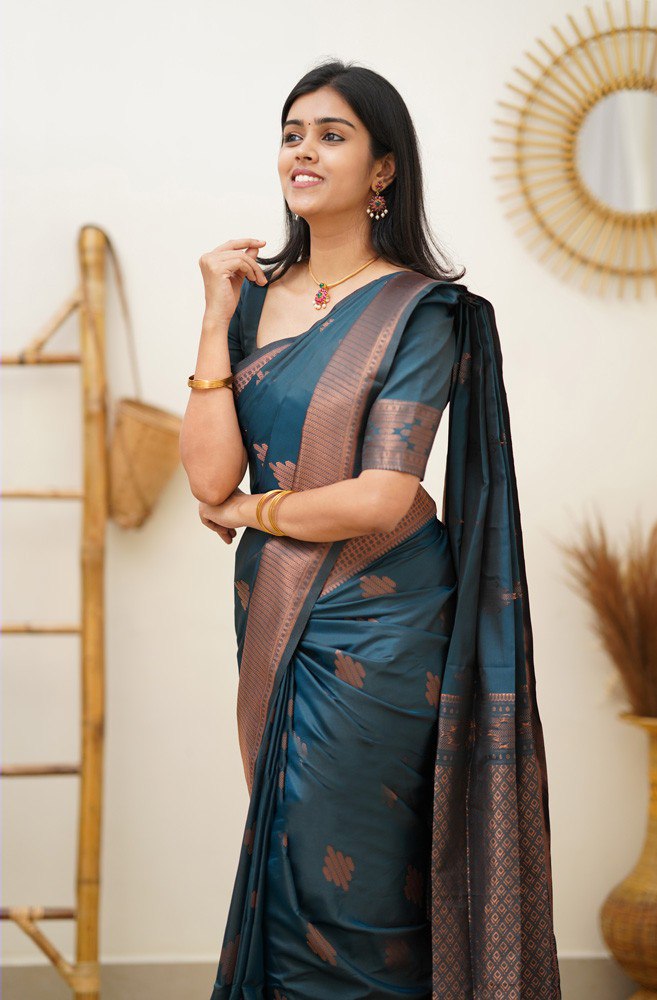 Timeless Teal Banarasi Silk Saree with Copper Zari Border