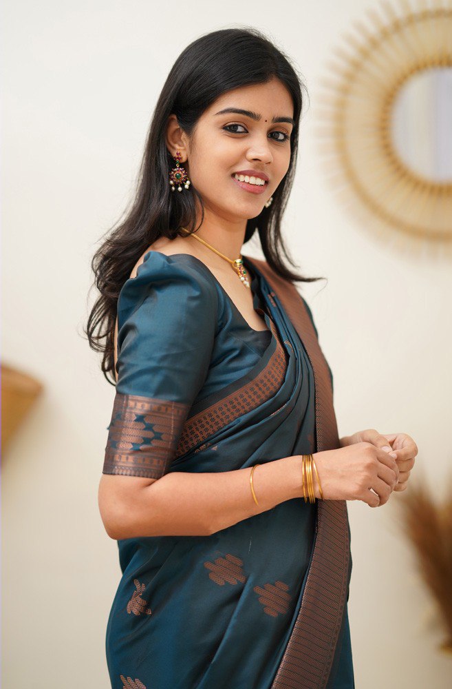 Timeless Teal Banarasi Silk Saree with Copper Zari Border