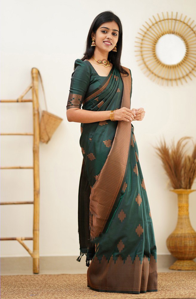 Exquisite Bottle Green Banarasi Silk Saree with Rich Copper Zari Border